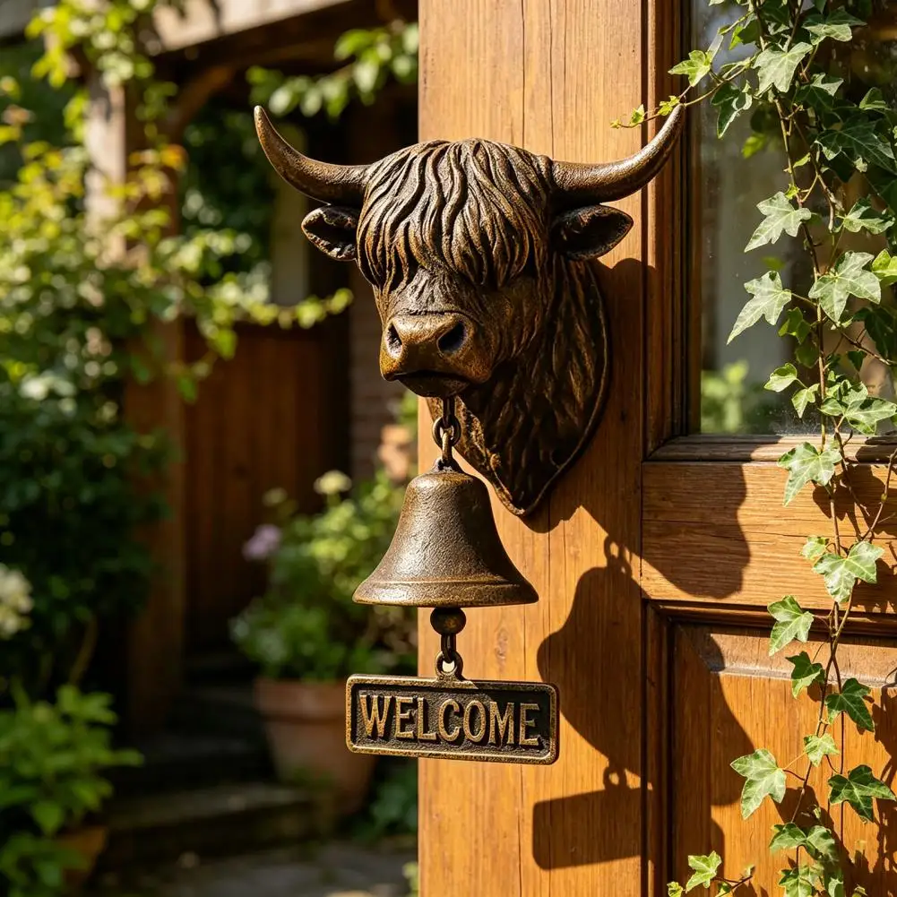 Backyard Gate Bell Highland Cow Head Doorbell with Welcome Sign Rustic Resin Hanging Bell Decor 3d Western Farmhouse Entryway