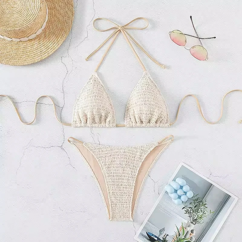 

sexy beige wrinkled halter mini bikini sets two pieces tie women thong swimsuit female bathing suit swimwear biquini