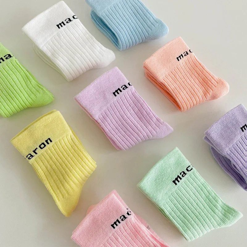 3 Pairs Spring Candy Color Socks Kids Soft Solid With Letters For Little Girls And Boys Child Baby Infant Cotton Sock