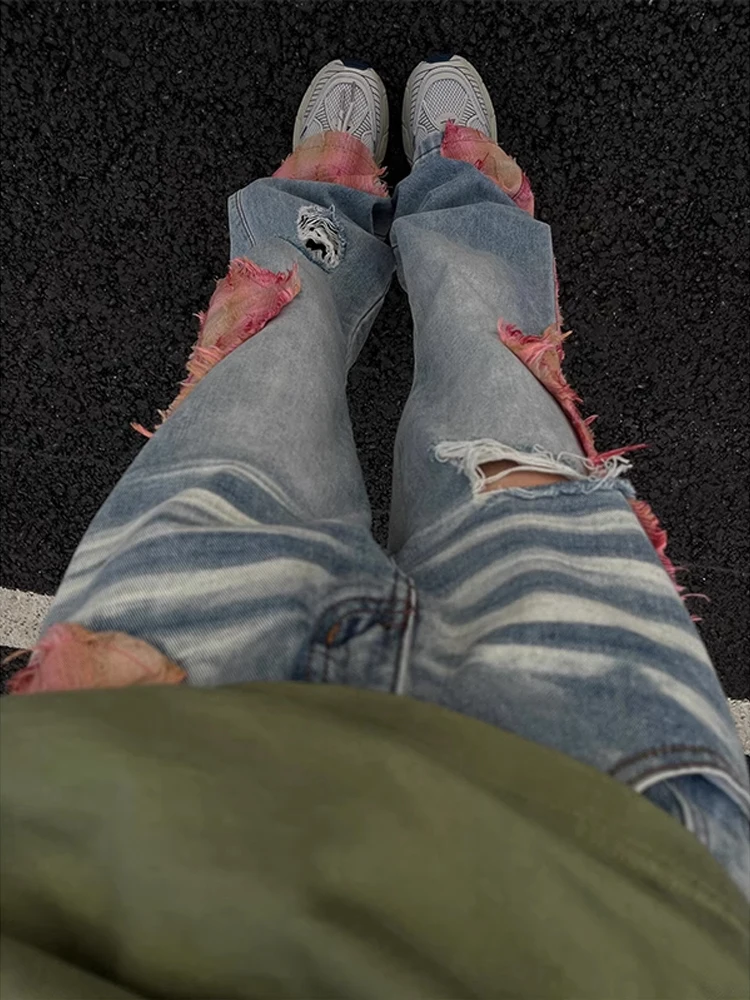 

Cleanfit Men's Patchwork Straight Leg Jeans American Retro Vibe Micro Flared Pants Youthful Trendy Wear Resistant Straight Tube