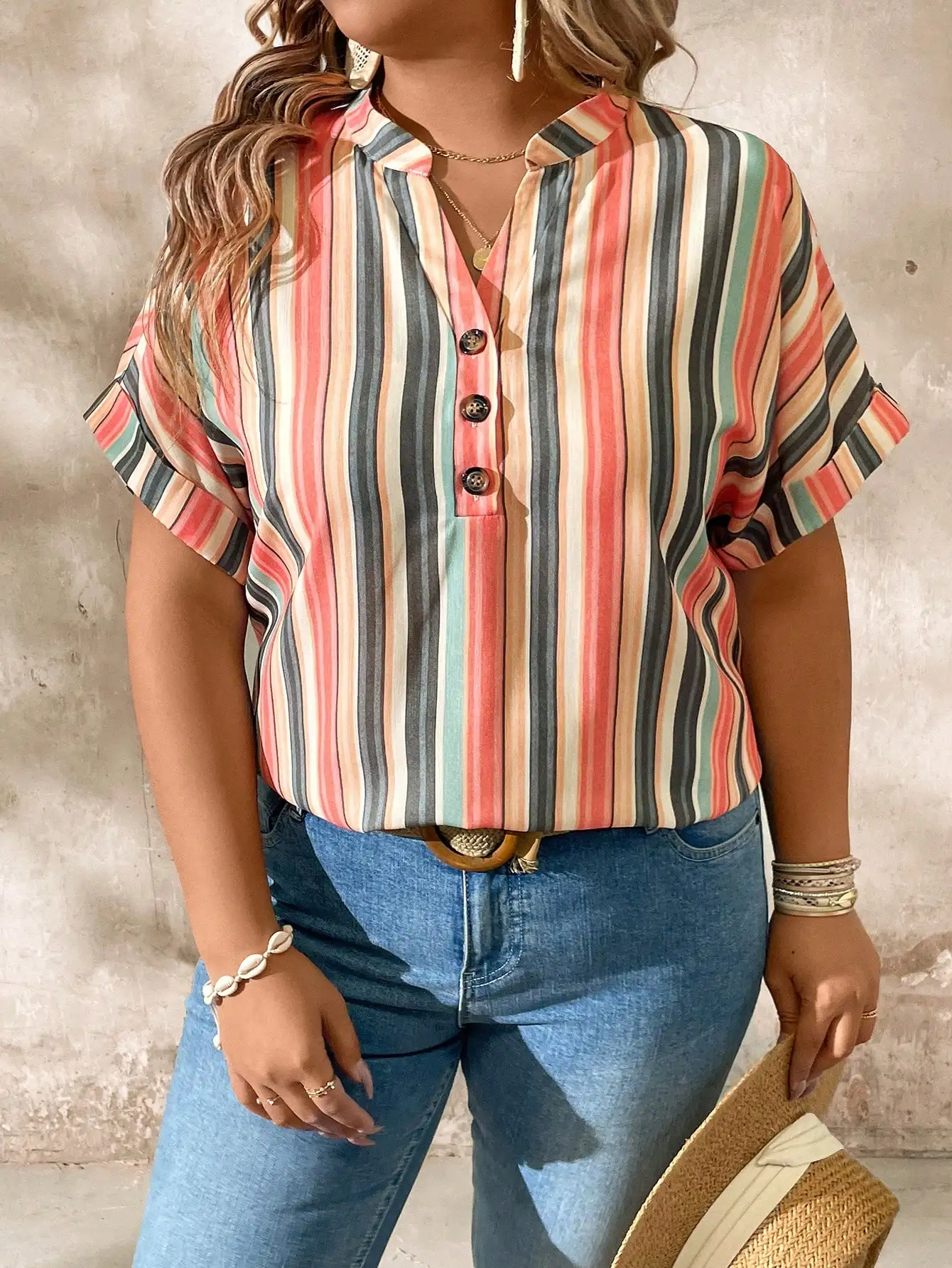 

Colorful Striped V-Neck Cuffed Sleeve Plus Size Casual Shirt