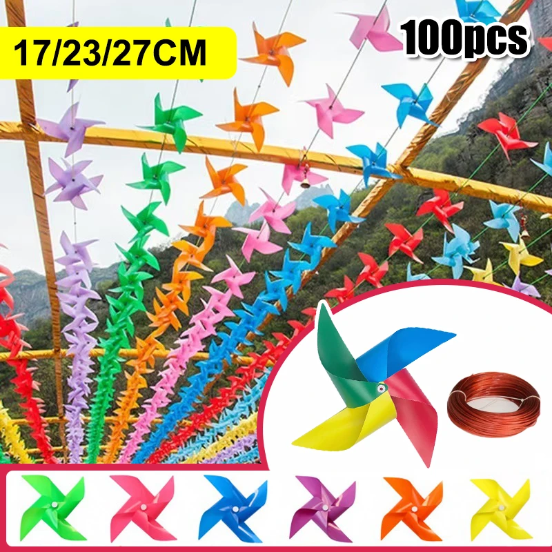 100Pcs Plastic Pinwheels Fiesta Flag Party Supply Hanging Windmill With 30 Metres Rope Home Garden Indoor Outside Decoration
