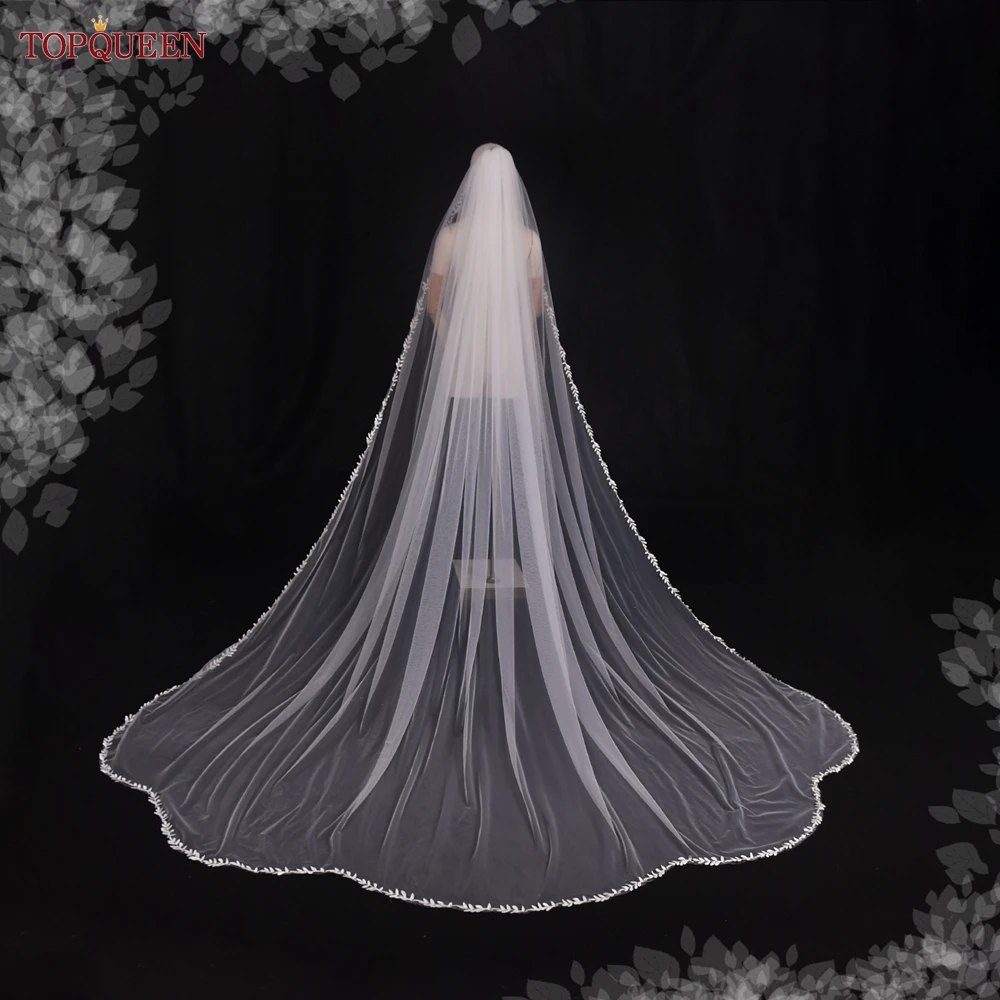 TOPQUEEN V142 Long Wedding Veil Chapel Bridal Veils Thin Scallop Lace Trim Wedding Accessories for Bride Floral French