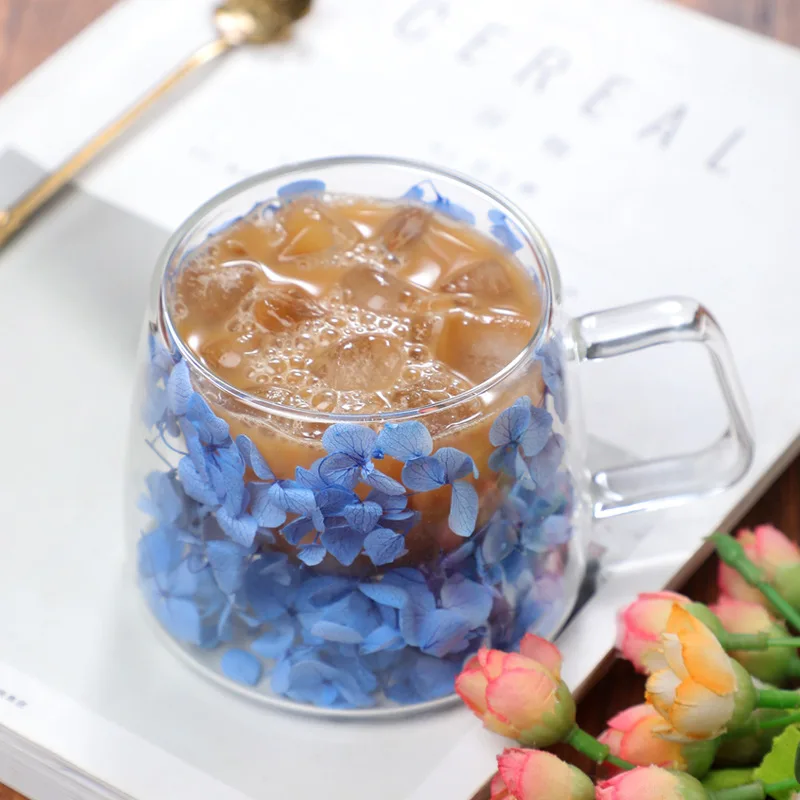 200 ml doppelwandige Kaffeetasse mit Griffen, klare Milchbecher, Geschenke, Glastasse, Füllen, künstliche Simulationsblumen, Teetasse