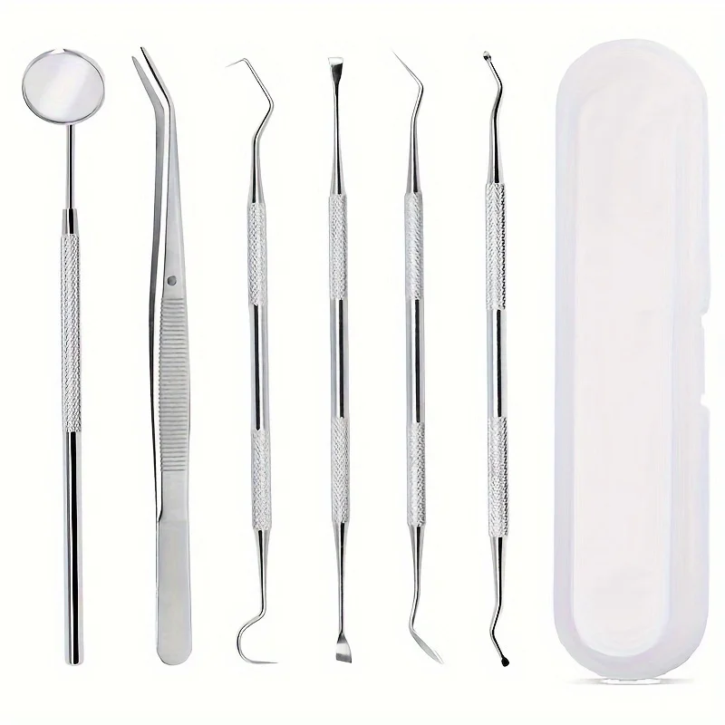 6-Piece Tooth Tools Set, Stainless Steel Oral Hygiene Kit With Mouth Mirror, Non-Slip Patterned Handle Teeth Cleaning Kit