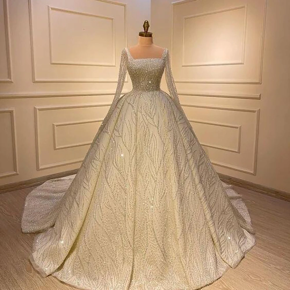 Vestido de novia elegante y generoso con cuello cuadrado, materiales bordados de perlas de alta calidad, Vestido hecho a medida, Vestido de novia