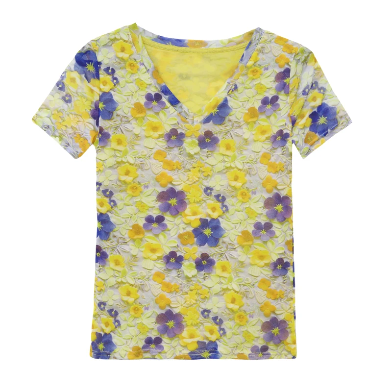2025,New,Summer,European,Clothes,T-Shirt,Chic,Sexy,V-Neck,Print,Flower,3D,Women,Tops,Short Sleeve,Mesh,Bottoming Shirt,Tees,5602