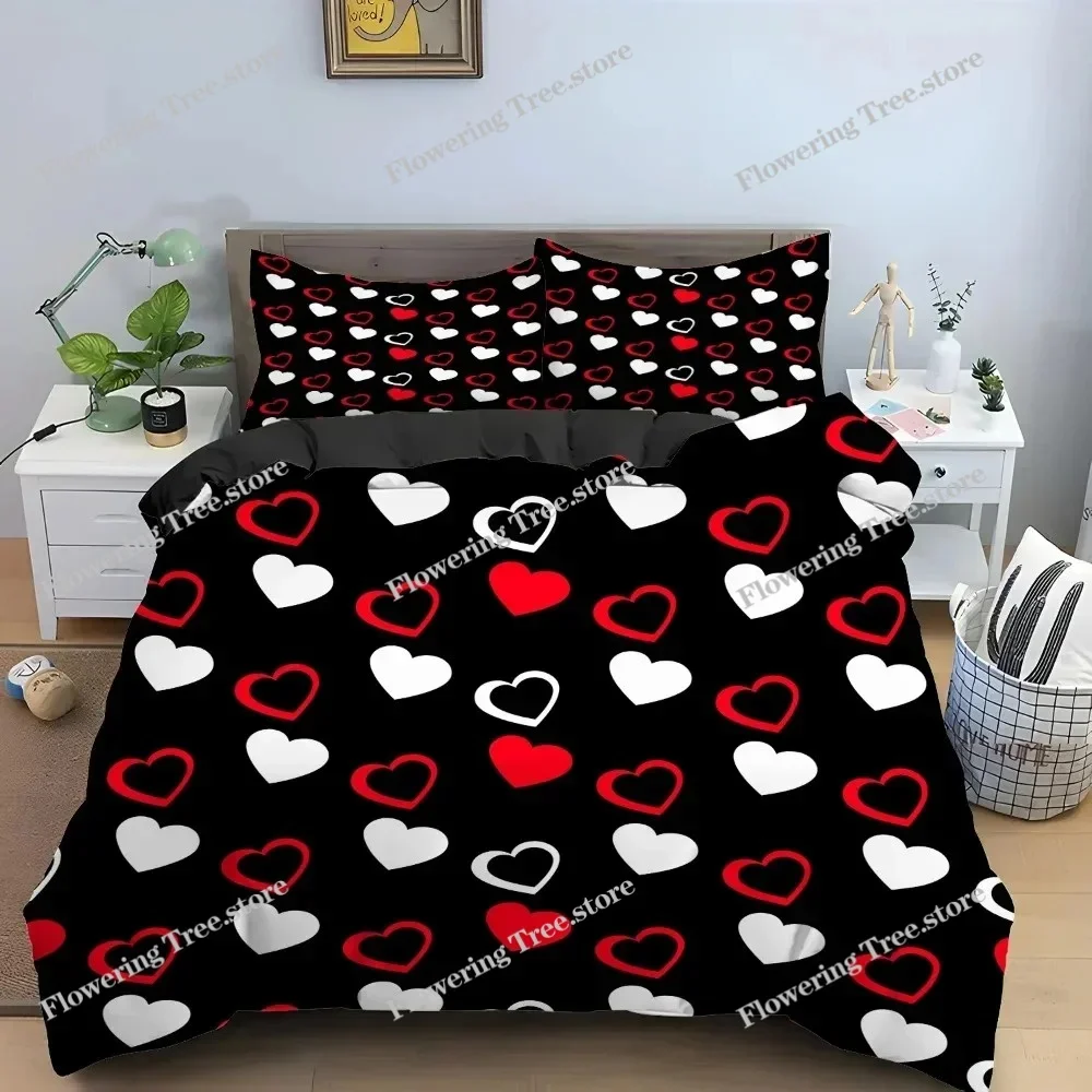 

Love Heart Pattern King Queen Duvet Cover Women Heart-shaped Print Bedding Set Red Black Quilt Cover Polyester Comforter Cover