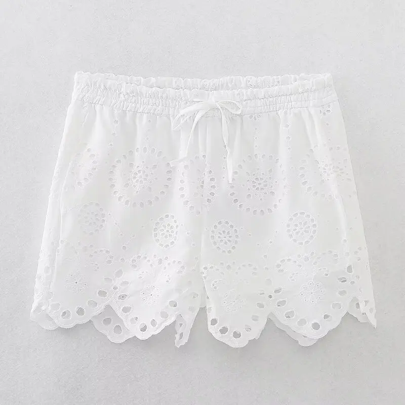 

New 2024 Summer High Waist Casual Straight Leg orts Embroidered Hollow out ort Sve irt Faion Set Cotton Blend
