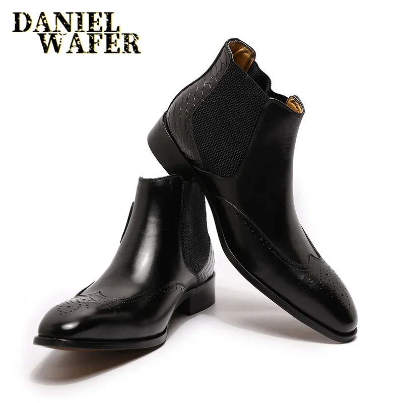 Luxury Men's Genuine Leather Ankle Boots Black/Brown Wingtip Snake Print Buckle Strap Chelsea Shoes for Wedding Office