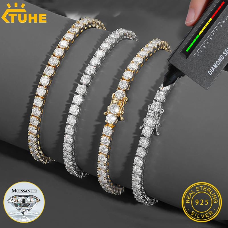 

TUHE унисекс классическая теннисная цепочка с муассанитом для женщин S925 стерлинговое серебро золото мужской браслет с муассанитом цепочка хип-хоп ювелирные изделия