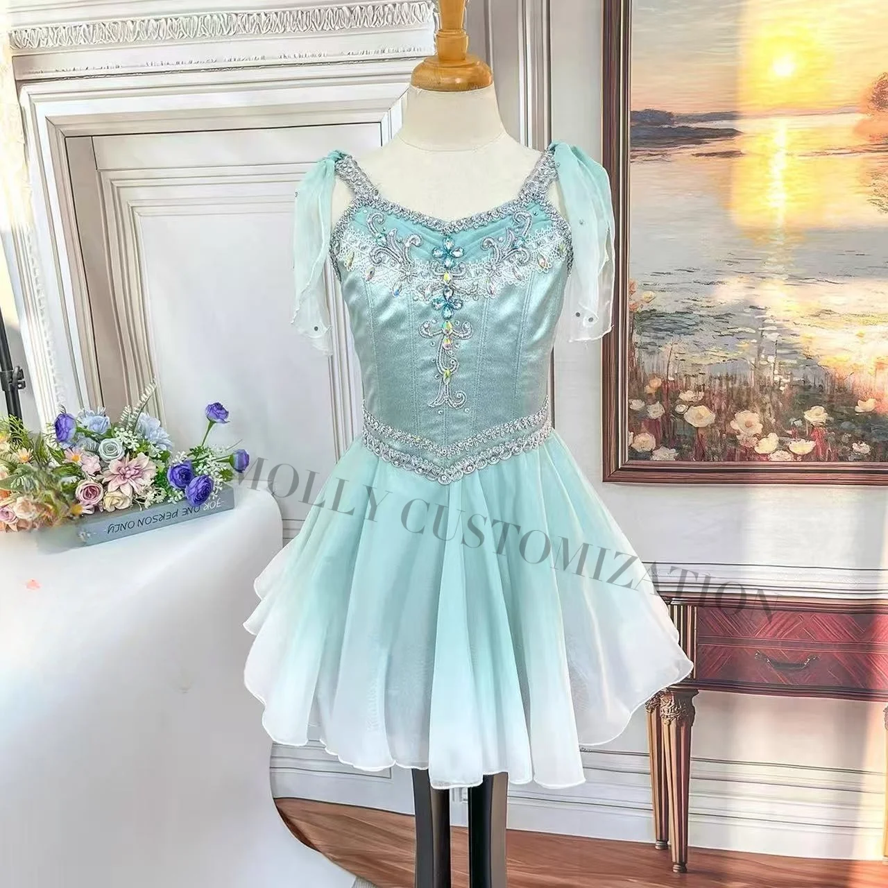 

2026 New Customized Lake Green Gradient Color Cupid Amulet Ballet Performance Chiffon Skirt for Adults and Children