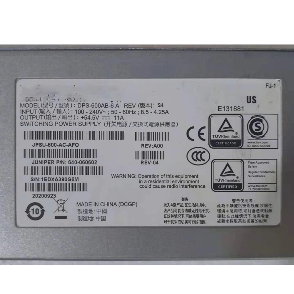 For Juniper JPSU-600-AC-AFO Power Supply is Used For EX3400-48P DPS-600AB-6