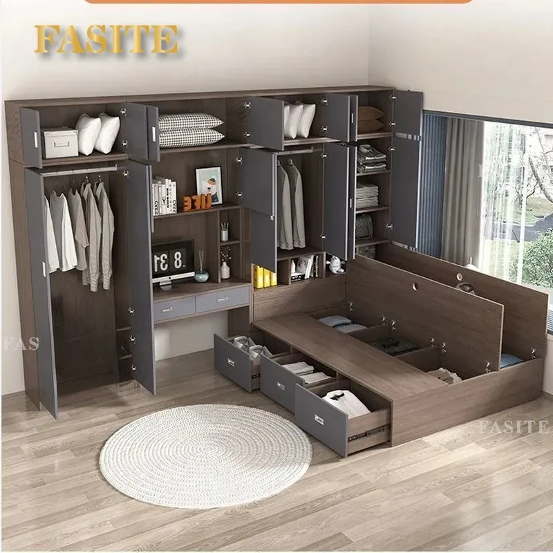 Solid Wood Murphy Bed with Wardrobe Cabinet Integrated Storage System Space Saving Wall Bed for Small Apartment Kids Room