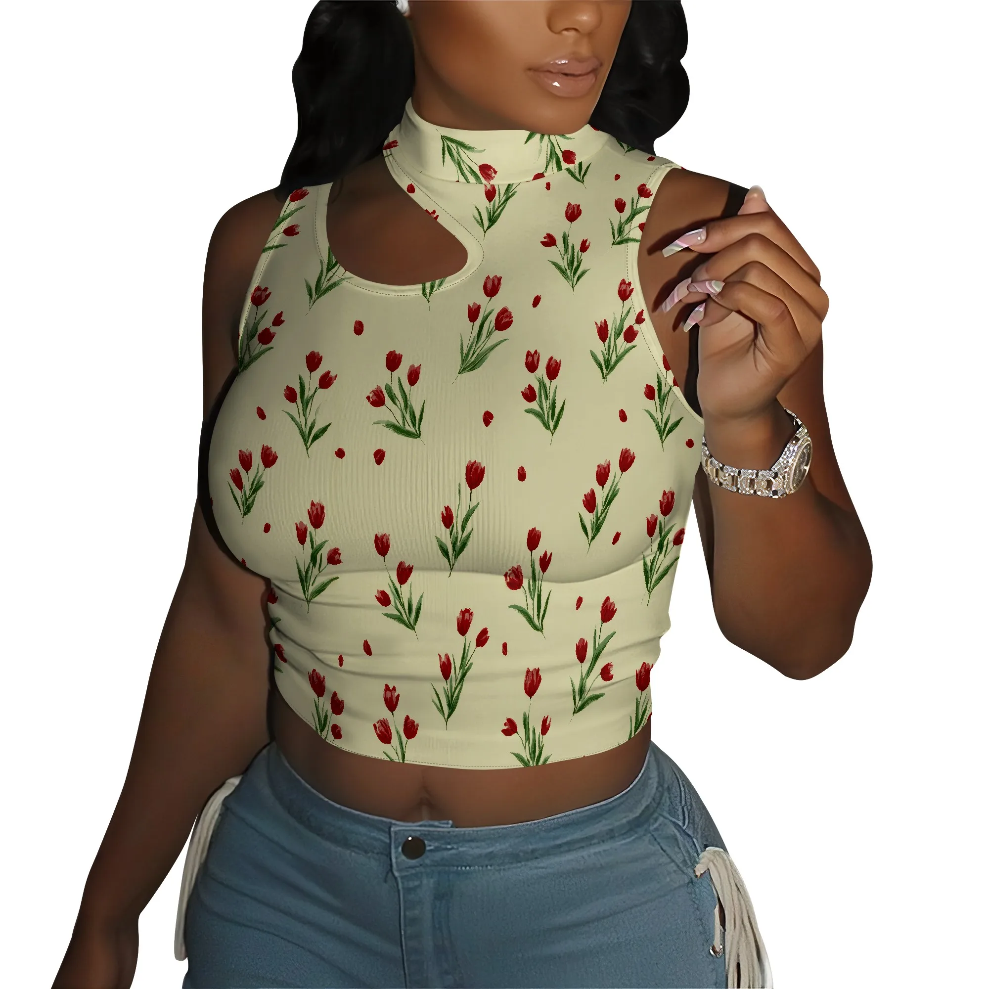 

Crop Tops for Women Sexy Cut Out Tops Mock Neck Tank Top
