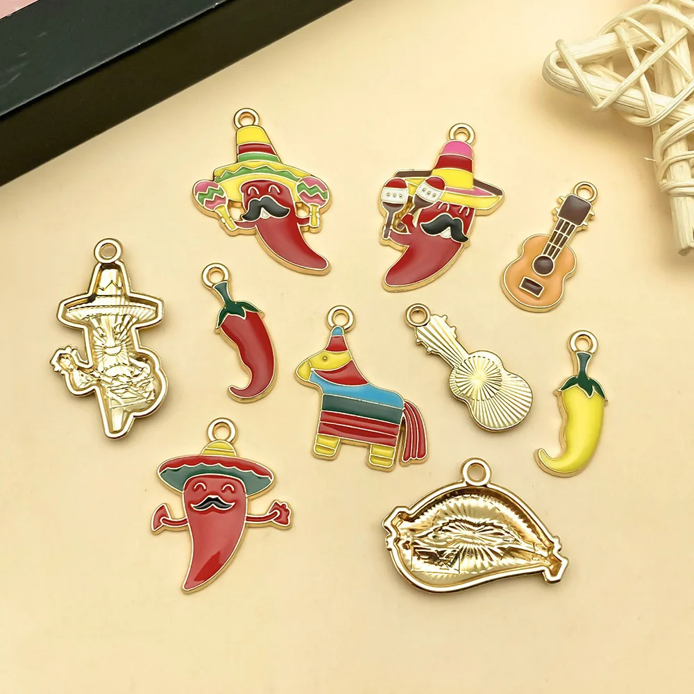 10pcs Mexico Carnival Chili Pepper Charms Alloy Fruit Vegetables Cactus Pendants for DIY Bracelets Necklaces Jewelry Making Acce