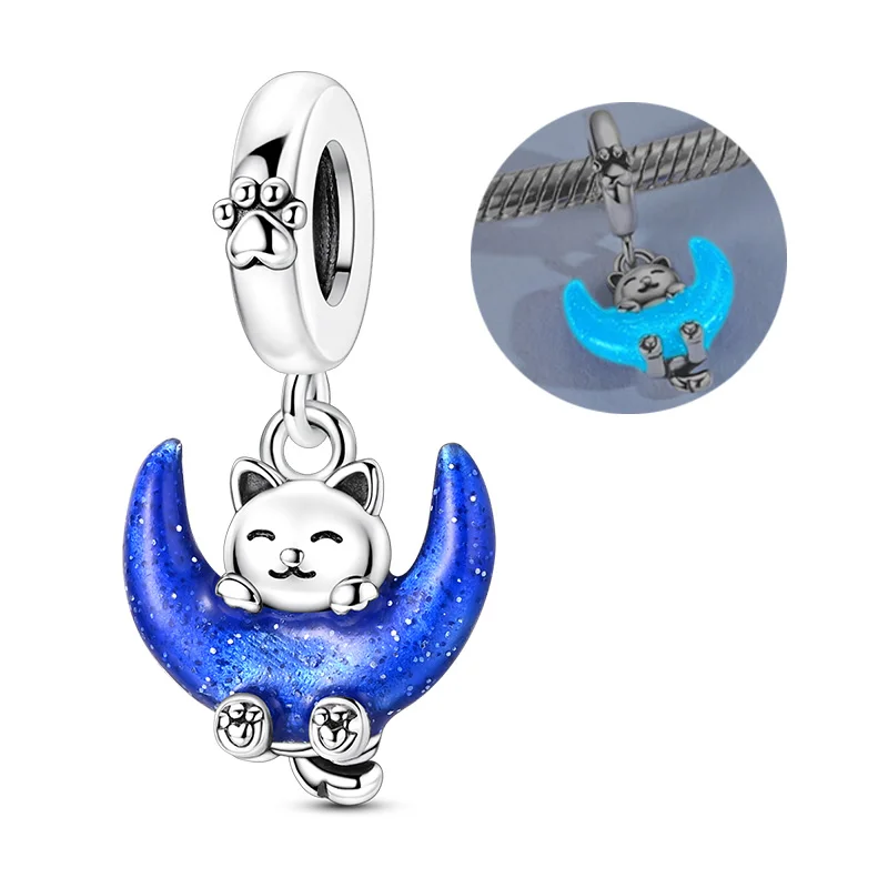 

Silver 925 Charm Moon Cat Noctilucent Fit Original Bracelet Making For Woman Fashion Jewelry