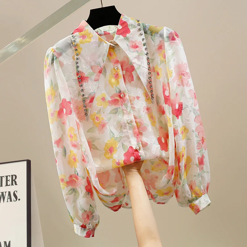 

Handmade Heavy Embroidery Long Sve arp Collar Slimming Effect Chiffon irt Faionable Design Korean Sle Commute irt