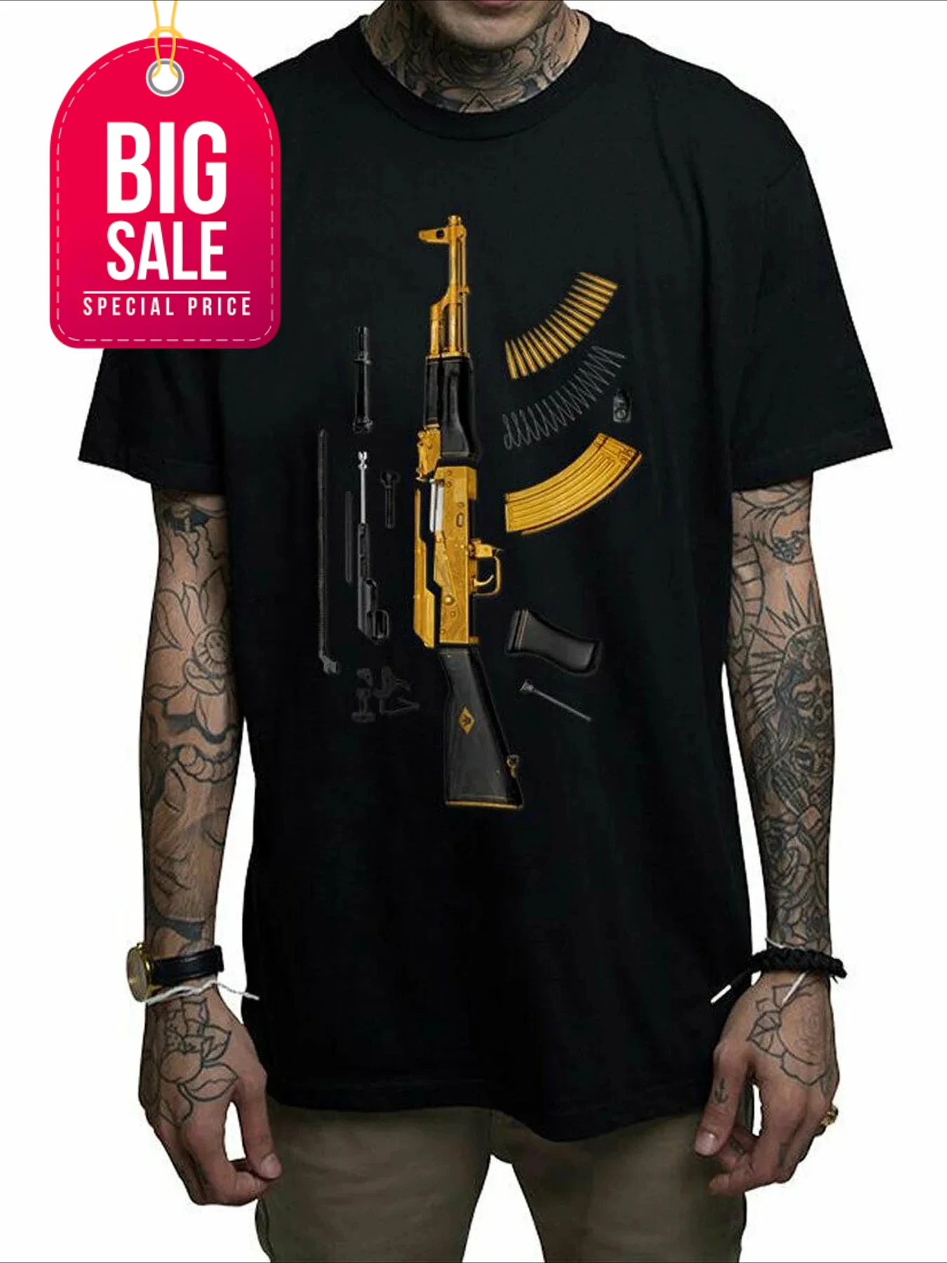 

Футболка с принтом AK-47 в разобранном виде, с золотым покрытием, 100% хлопок, круглый вырез, короткий рукав, летняя повседневная мужская футболка, уличный стиль