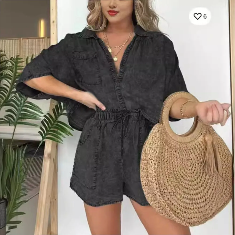 Casual New In Matching 2 Piece Set Women 2024 Fashion Loose Shirts Tops Blue Pocket String Pant Shorts Sets Clothing Outfit