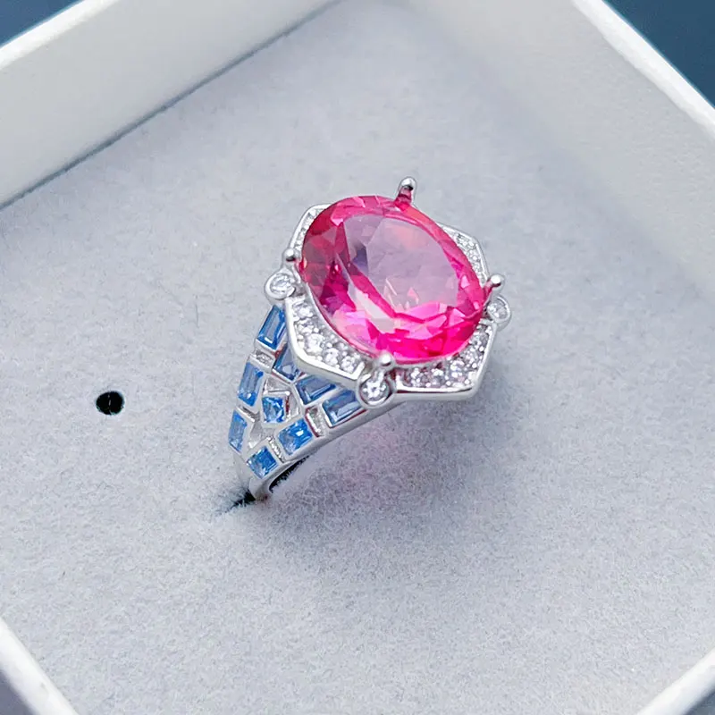 Natural Pink Topaz Ring 12mm*10mm 5ct VVS Grade Topaz Silver Ring 18K Gold Plated 925 Silver Gemstone Ring for Men Wear