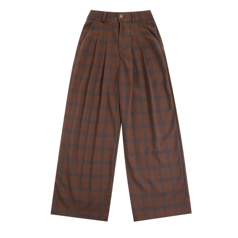 Four season fashion versatile pants for men and women, Japanese retro coffee color checkered casual loose straight leg pants