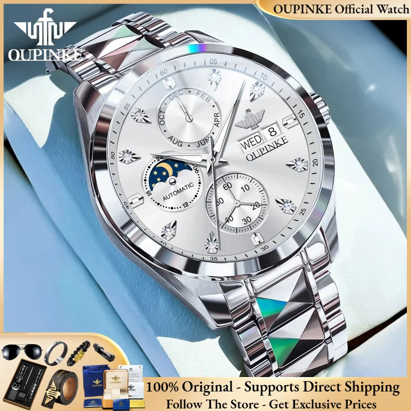 OUPINKE 3298 Men Watch Swiss Certified Original All Automatic Mechanical Watch Luxury Waterproof Calendar Moon Phase Men Watch