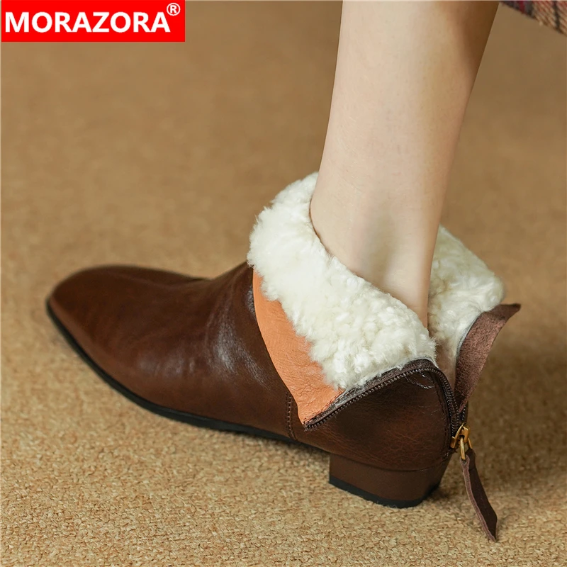 

MORAZORA 2024 New Nature Genuine Leather Boots Women Zipper Handmade Real Wool Ladies Warm Winter Snow Boots Ladies Shoes