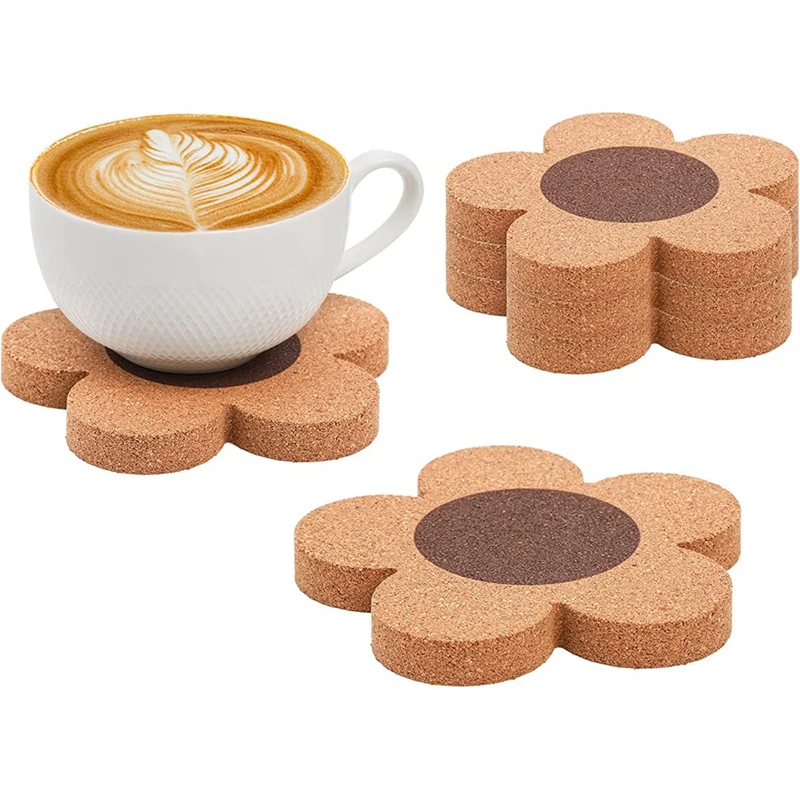 12 Pack 3/8 Inch Thick Cork Coasters, 4 Inch Flower Shape Absorbent Natural Cup Coasters Heat Resistant Coasters