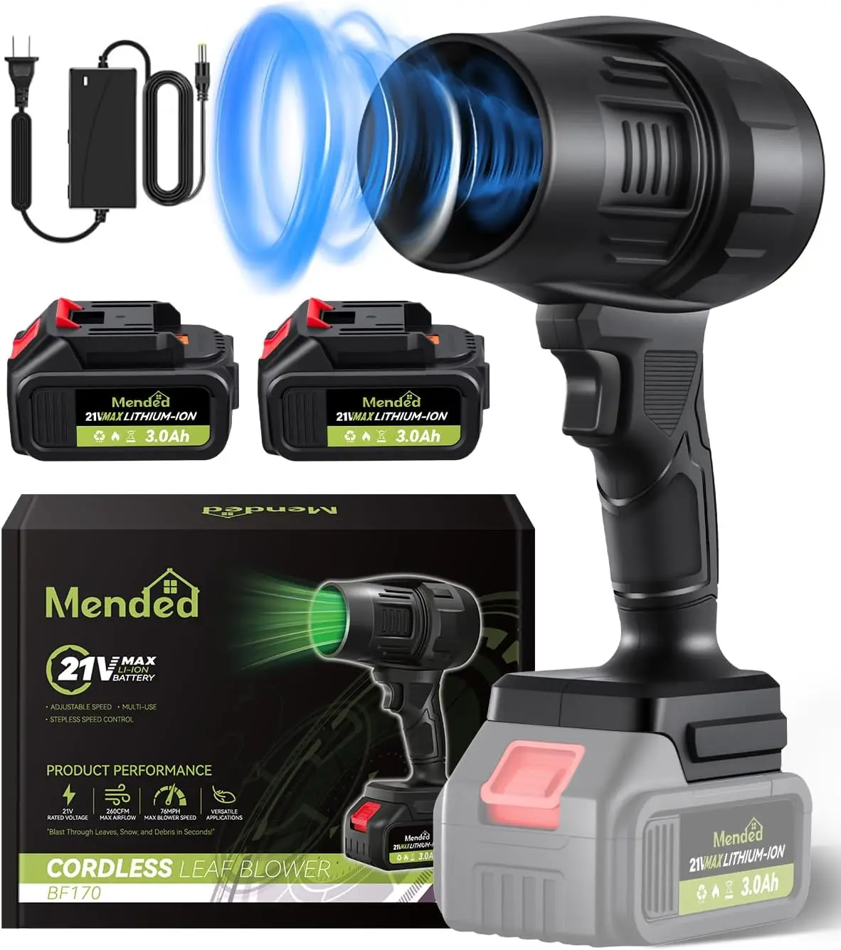 

Беспроводная воздуходувка для листьев с 2 аккумуляторами, регулируемая скорость для ухода за газоном и уборки патио