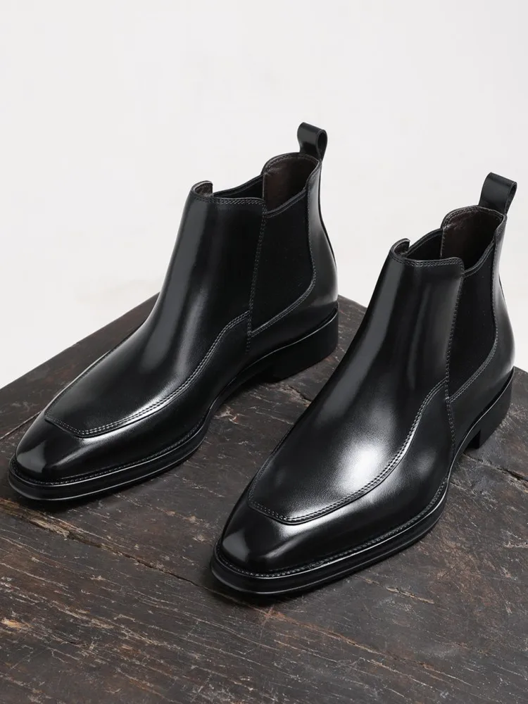 New Autumn Office Men Business Casual Dress High Top Shoes Slip On Square Toe Handmade Gentleman Genuine Leather Chelsea Boots