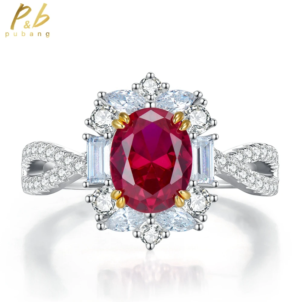 

PuBang Fine Jewelry Solid 925 Sterling Silver Oval Ruby Gemstone Created Moissanite Luxury Diamond Ring for Women Gift Wholesale