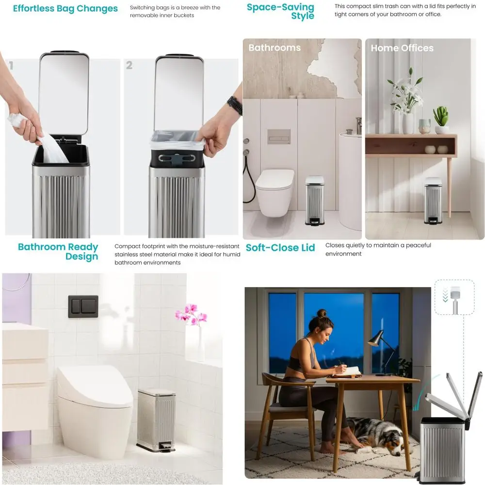 

10L Stainless Steel Step-On Trash Bin with Lid, Slim Ribbed Design for Home and Office, Silver