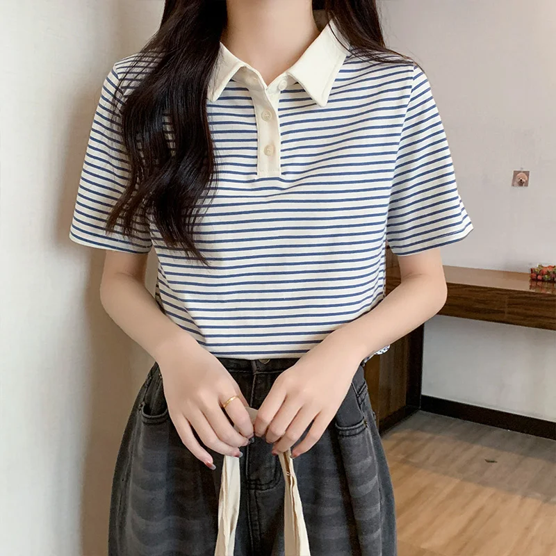 Korean Striped Short-sleeve T-shirt For Women Summer Fashion Cotton Button Turn-down Collar Tees Tops Slim Female Clothing