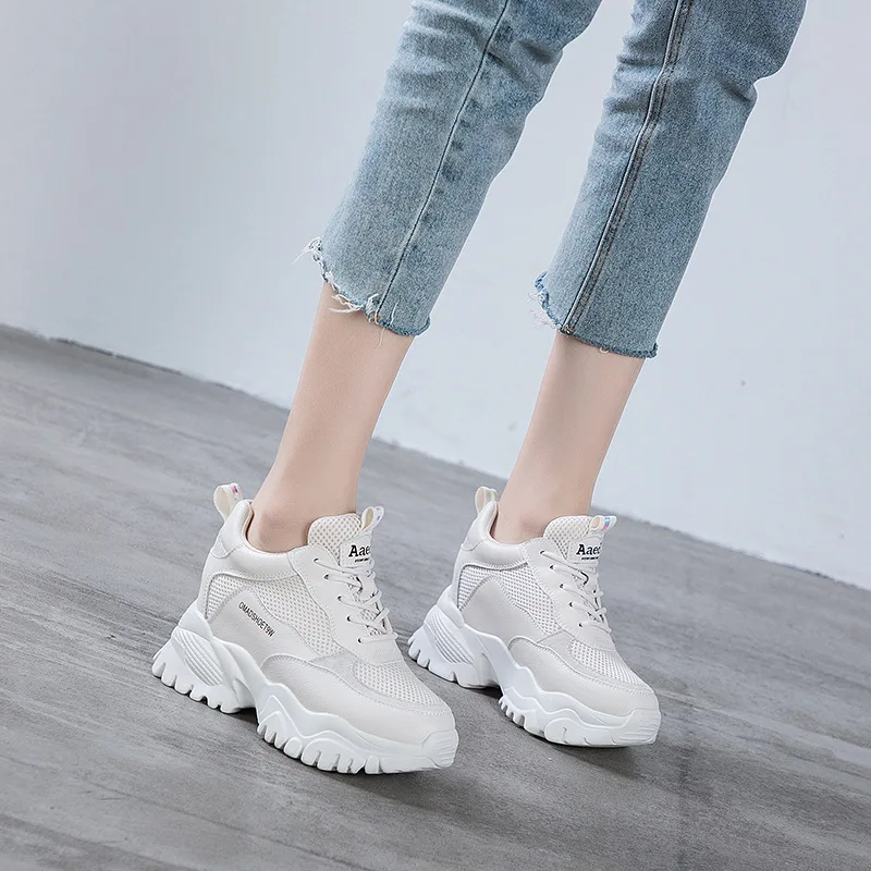 Fujin 8cm Genuine Leather Women Shoes Platform Wedge Air Mesh Breathable Women Casual Shoes Fashion Sneakers Chunky Shoes