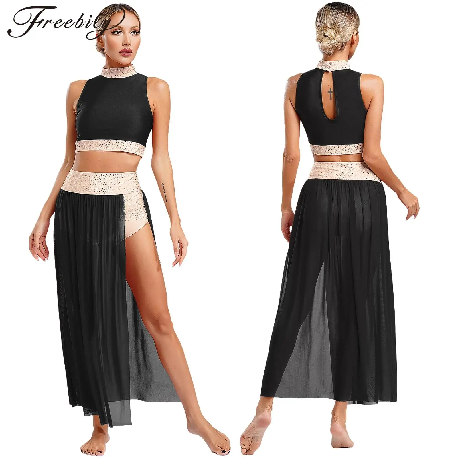 Women Modern Lyrical Dance Outfit Sleeveless Rhinestone Crop Top with Split Mesh Skirt for Figure Skating Ballet Gymnastics