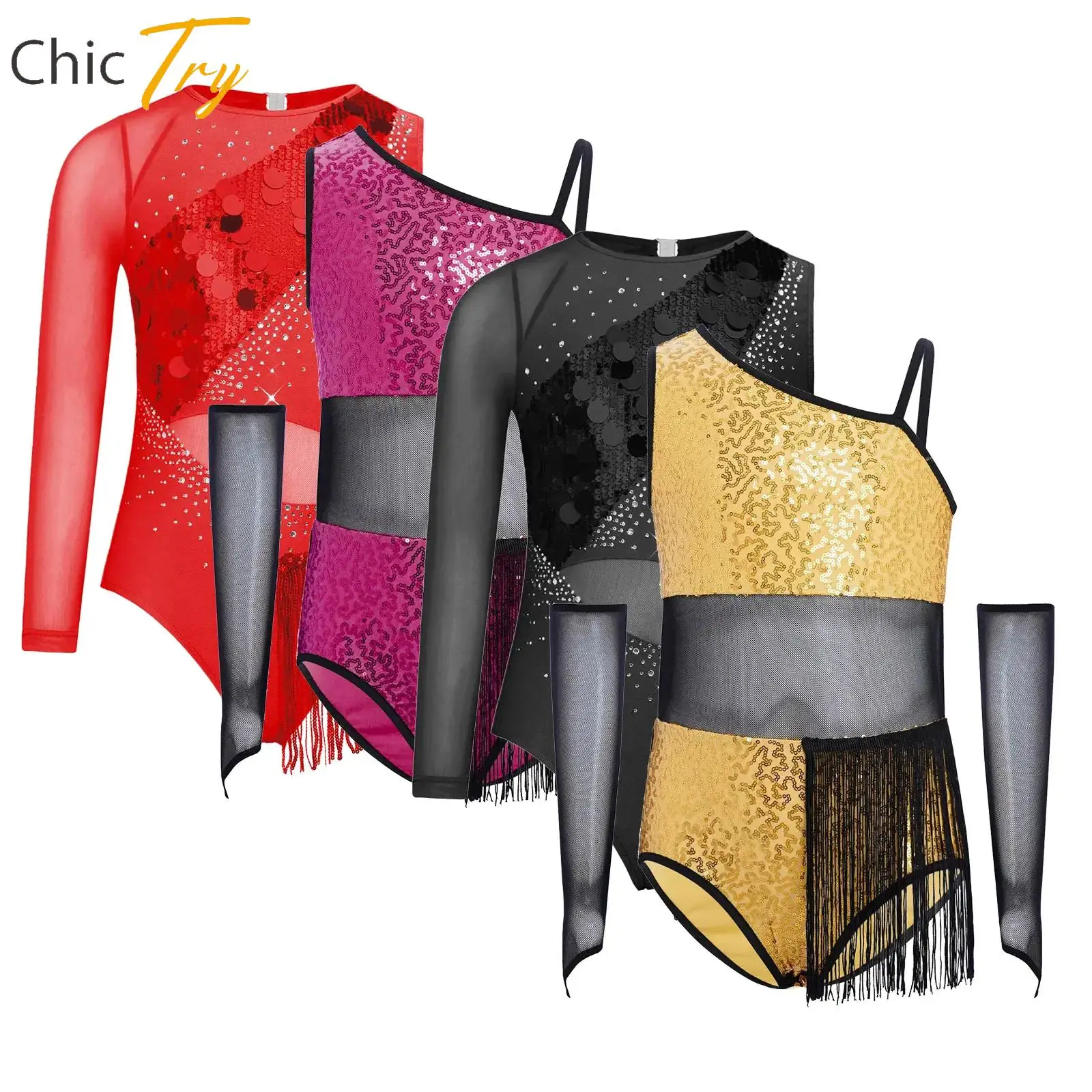

Kids Girls Gymnastics Jazz Latin Dance Leotard Dress Stage Performance Costume Shiny Sequins Tassels Bodysuit + Gloves Sets