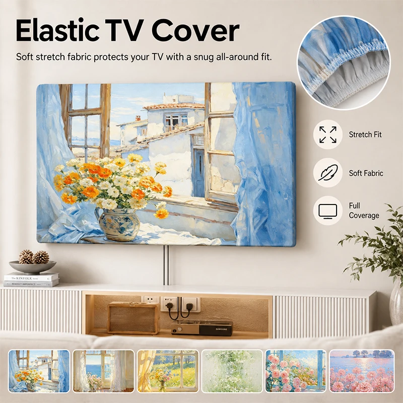 Elastic TV Dust Cover Beautiful Decorative Scenery Painting Hanging TV Hood Dust Proof Universal LCD Screen Protector Cover