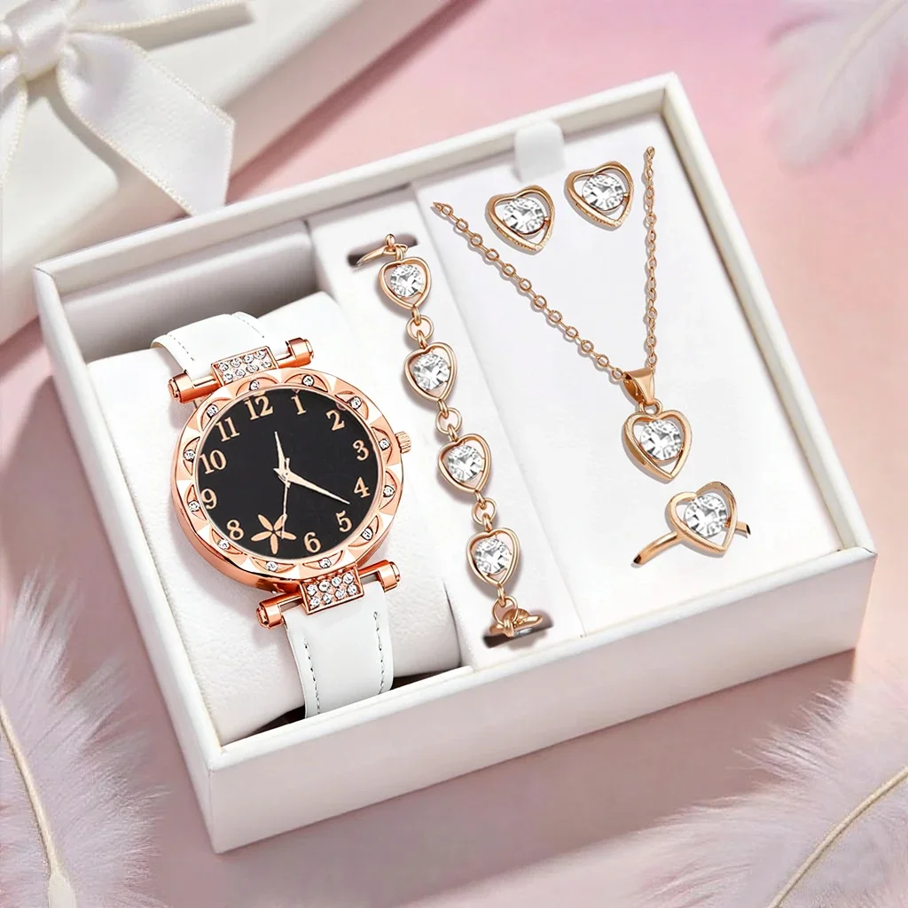 College Casual Fashion Women's Watch PU Leather Strap Quartz Watch with Necklace Accessories Set