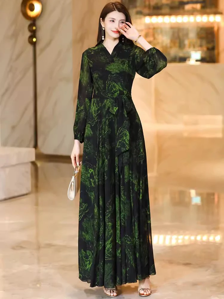 New Women Summer Long Floral Dress Fashion V-Neck Long Sleeve Slim Waist Print Dress Elegant Ankle-Length Holiday Dress