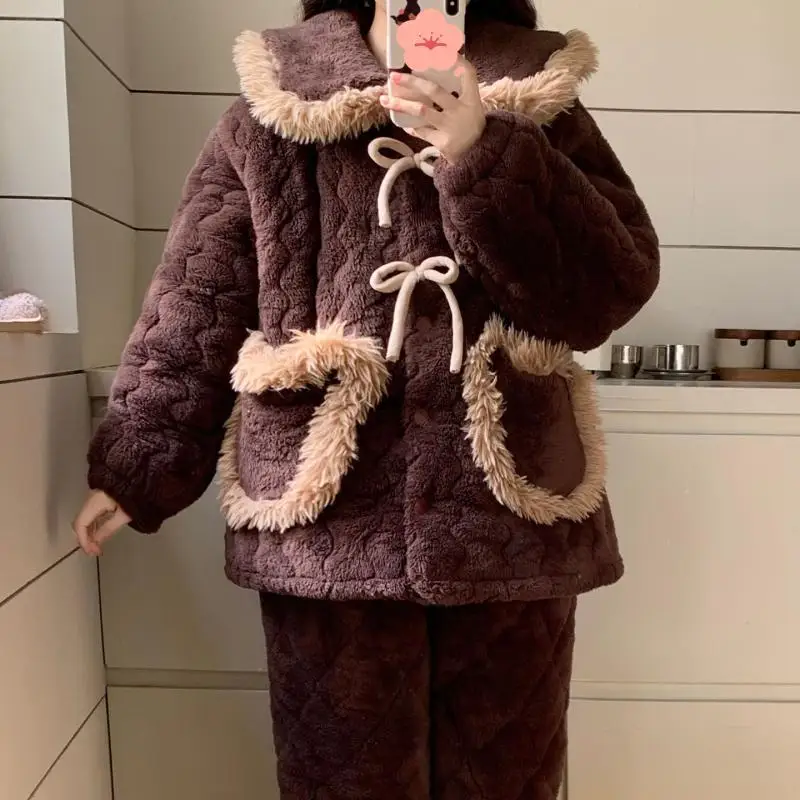 

cotton Women's pajamas winter suit Comfortable Sleepwear coral fleece flannel thicken Cotton Pajama fleece-lined girl homewear