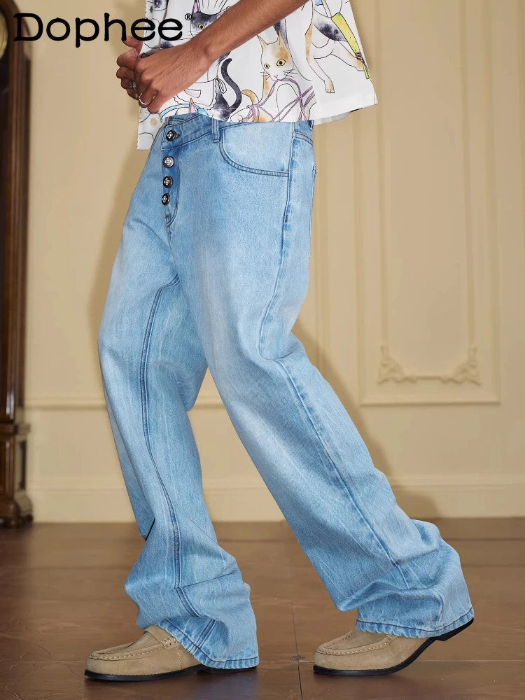 

Fashion Solid Color Button Decoration Jeans Men's Women's 2026 Spring Zipper Loose Straight Trousers Comfort Cotton Denim Pants