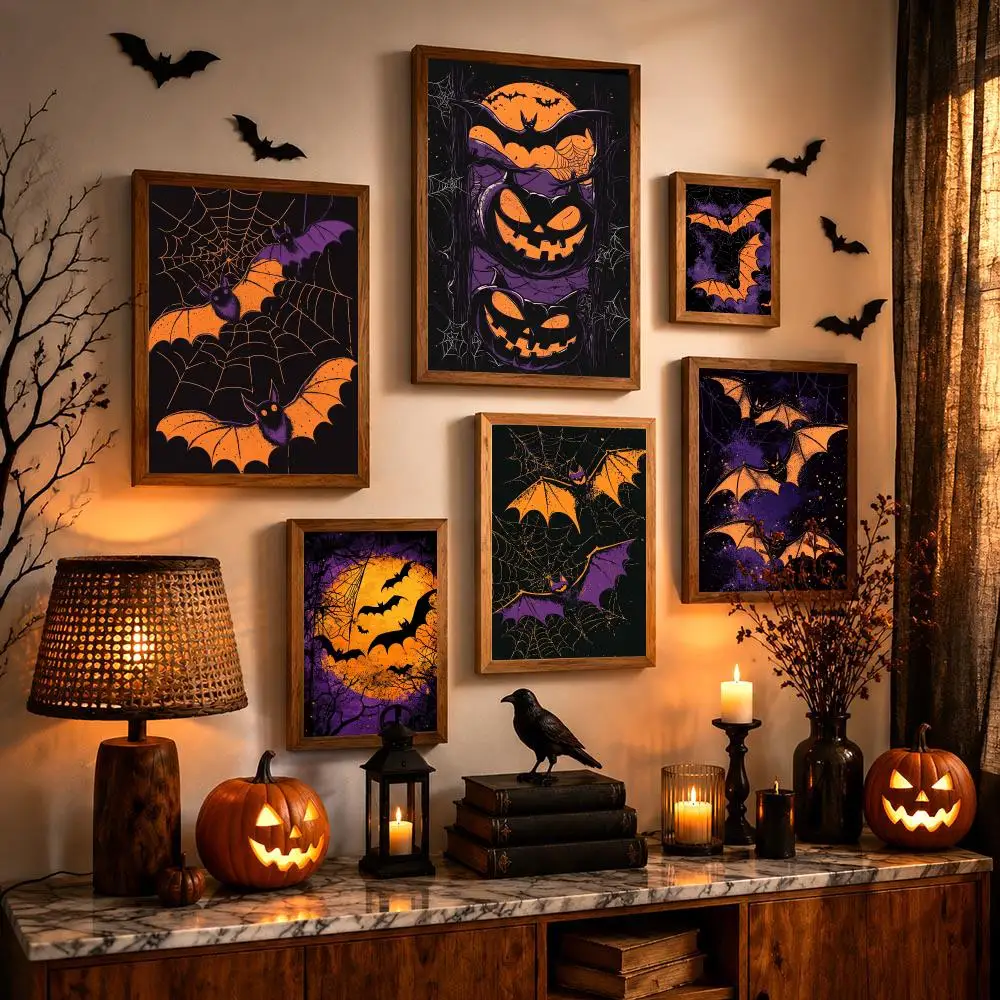 Halloween Bat and Jack O lantern Poster Dark Aesthetic Poster Gothic Vintage Wall Art Home Decor Gift Vintage Artwork