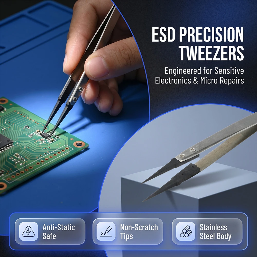ESD-259A Safe Tweezers With Anti-Static Rubber Tips Scratch-proof Fine Gripping Tweezers For Electronics Repair Jewelry Crafting