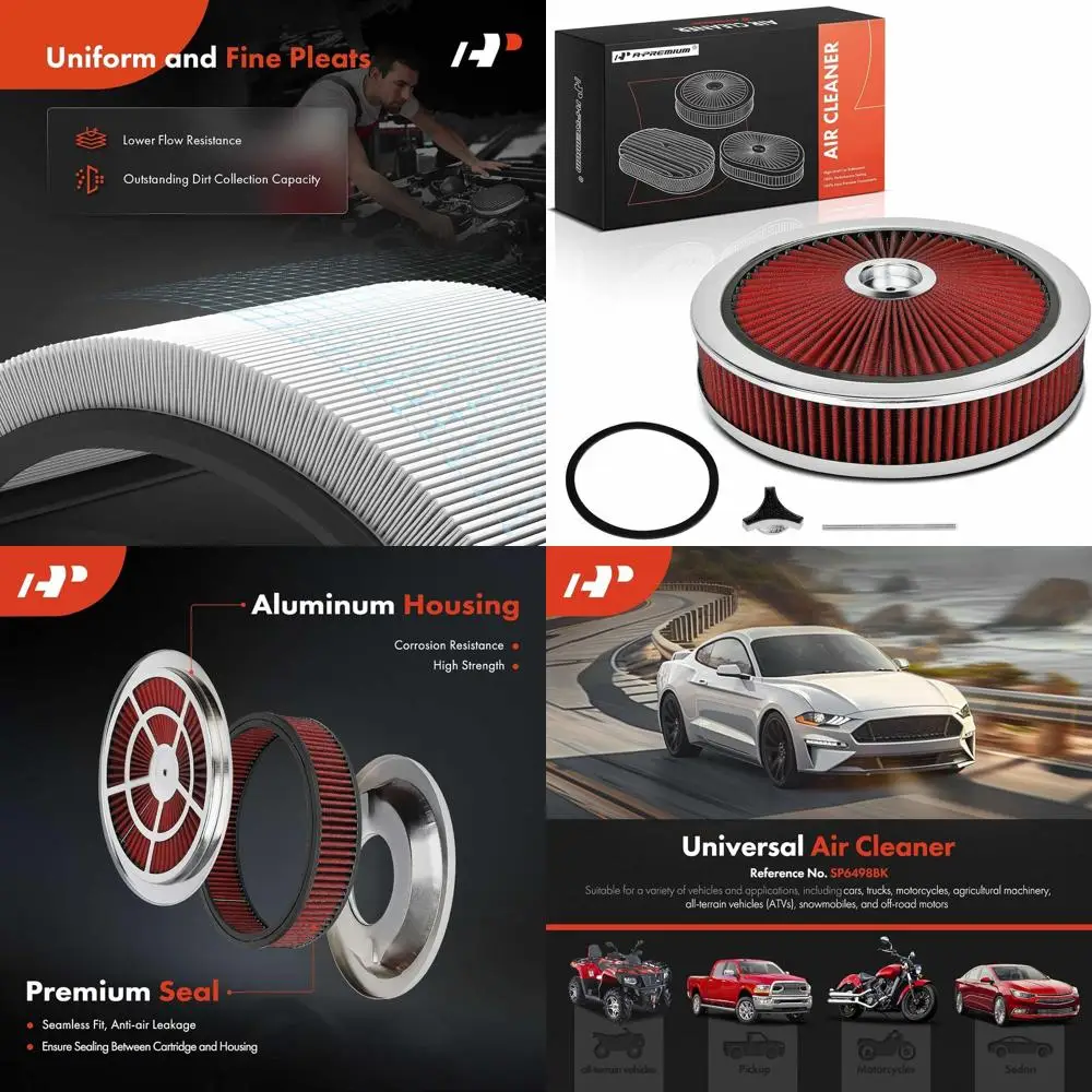 

Круглый фильтр воздухоочистителя 14 x 3, универсальный крой, горловина карбюратора 5-1/8, хром-красный