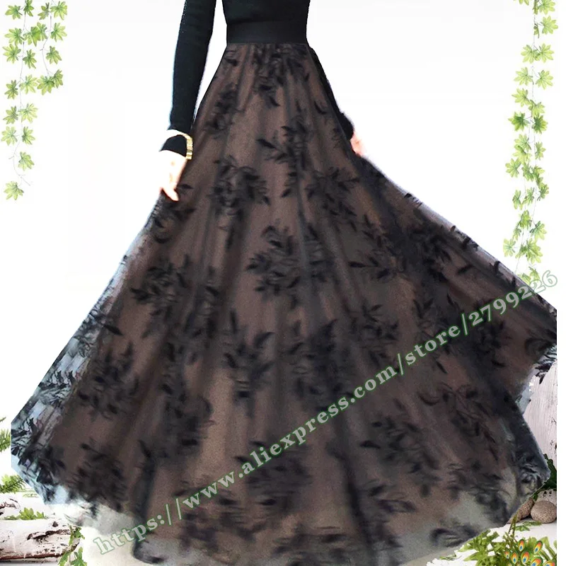 2025 Spring Fashion Female Black Mesh Women's Elegant Long Maxi Skirts for Womens Lace feminina skirt faldas largas elegantes