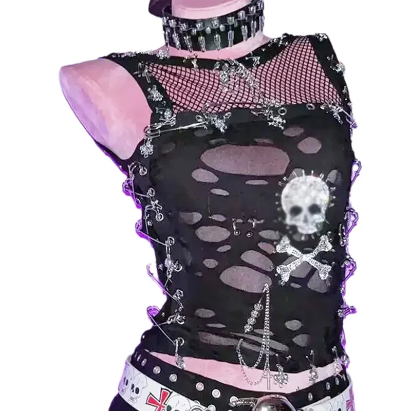 Y2K Abipunk dark rivet sexy mesh sleeveless chain women's vest top, DIY bare midriff Nightclub ripped sexy women's vest top.