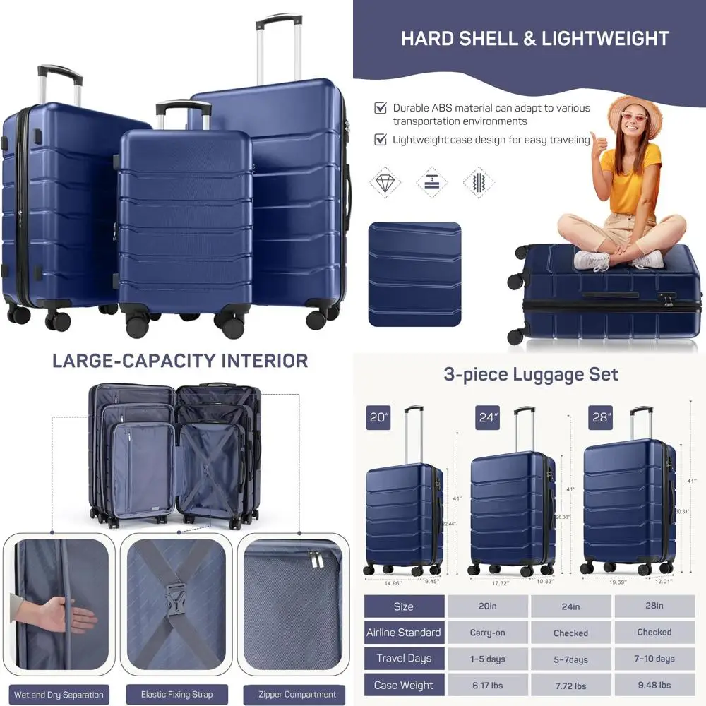 مجموعة أمتعة دوارة ذات هيكل صلب قابل للتوسيع مع قفل TSA، أزرق، 20/24/28 بوصة #1