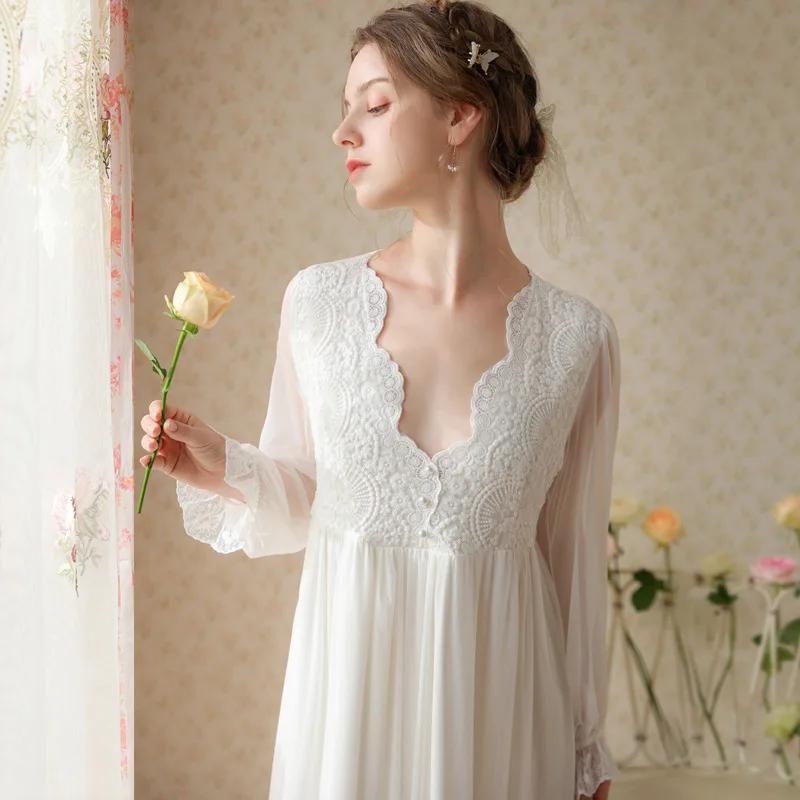 Vintage Autumn Mesh Night Dress Women Fairy V Neck Full Sleeve Nightgown Embroidery Long Nightdress Princess Sleepwear Nightwear