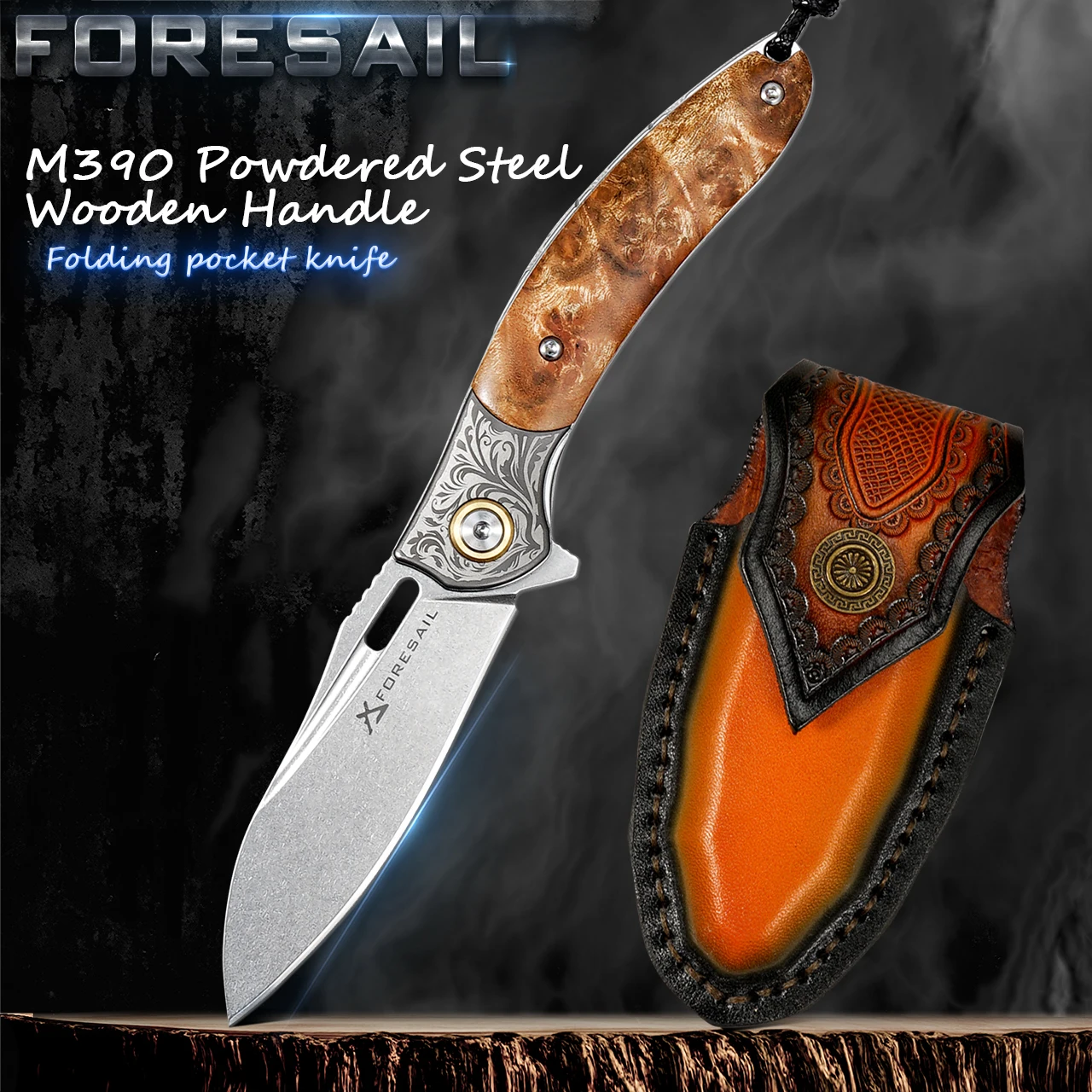 High Quality M390 Steel Folding Pocket Knife,Maple Wood Handle,with Pocket Clip and Cowhide Sheath,OutdoorHikingTravel KnifeTOOL